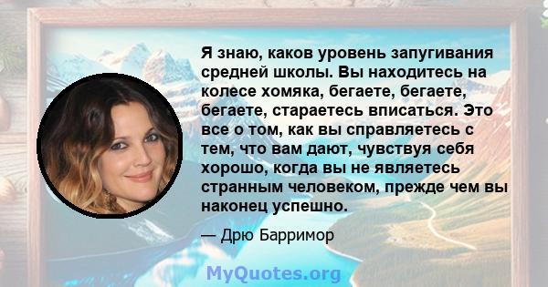 Я знаю, каков уровень запугивания средней школы. Вы находитесь на колесе хомяка, бегаете, бегаете, бегаете, стараетесь вписаться. Это все о том, как вы справляетесь с тем, что вам дают, чувствуя себя хорошо, когда вы не 