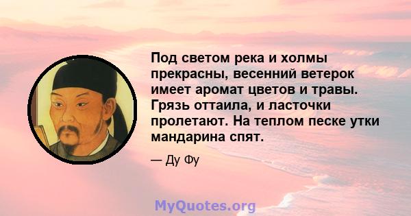 Под светом река и холмы прекрасны, весенний ветерок имеет аромат цветов и травы. Грязь оттаила, и ласточки пролетают. На теплом песке утки мандарина спят.