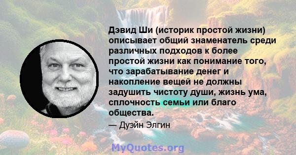 Дэвид Ши (историк простой жизни) описывает общий знаменатель среди различных подходов к более простой жизни как понимание того, что зарабатывание денег и накопление вещей не должны задушить чистоту души, жизнь ума,