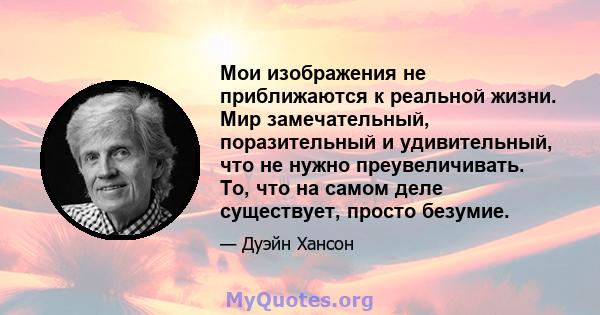 Мои изображения не приближаются к реальной жизни. Мир замечательный, поразительный и удивительный, что не нужно преувеличивать. То, что на самом деле существует, просто безумие.