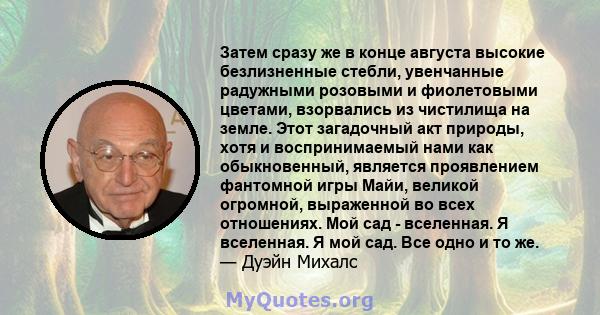 Затем сразу же в конце августа высокие безлизненные стебли, увенчанные радужными розовыми и фиолетовыми цветами, взорвались из чистилища на земле. Этот загадочный акт природы, хотя и воспринимаемый нами как