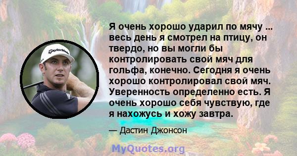 Я очень хорошо ударил по мячу ... весь день я смотрел на птицу, он твердо, но вы могли бы контролировать свой мяч для гольфа, конечно. Сегодня я очень хорошо контролировал свой мяч. Уверенность определенно есть. Я очень 