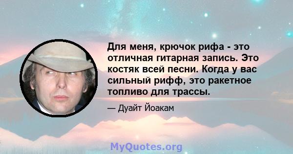 Для меня, крючок рифа - это отличная гитарная запись. Это костяк всей песни. Когда у вас сильный рифф, это ракетное топливо для трассы.