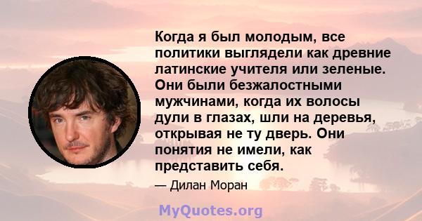 Когда я был молодым, все политики выглядели как древние латинские учителя или зеленые. Они были безжалостными мужчинами, когда их волосы дули в глазах, шли на деревья, открывая не ту дверь. Они понятия не имели, как