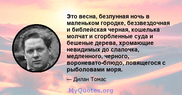 Это весна, безлунная ночь в маленьком городке, беззвездочная и библейская черная, кошелька молчат и сгорбленные суда и бешеные дерева, хромающие невидимых до слапочка, медленного, черного, вороневато-блюдо, ловящегося с 