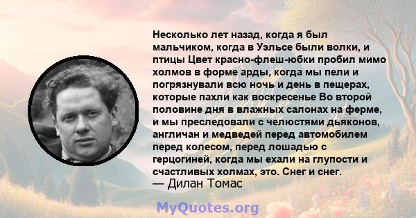 Несколько лет назад, когда я был мальчиком, когда в Уэльсе были волки, и птицы Цвет красно-флеш-юбки пробил мимо холмов в форме арды, когда мы пели и погрязнували всю ночь и день в пещерах, которые пахли как воскресенье 