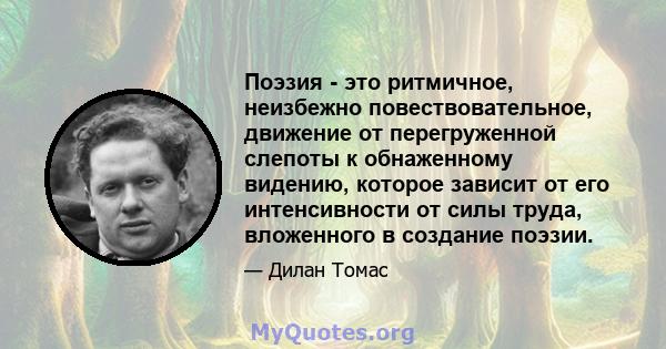 Поэзия - это ритмичное, неизбежно повествовательное, движение от перегруженной слепоты к обнаженному видению, которое зависит от его интенсивности от силы труда, вложенного в создание поэзии.