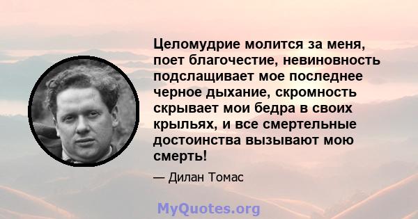 Целомудрие молится за меня, поет благочестие, невиновность подслащивает мое последнее черное дыхание, скромность скрывает мои бедра в своих крыльях, и все смертельные достоинства вызывают мою смерть!