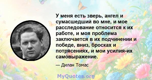 У меня есть зверь, ангел и сумасшедший во мне, и мое расследование относится к их работе, и моя проблема заключается в их подчинении и победе, вниз, бросках и потрясениях, и мои усилия-их самовыражение.