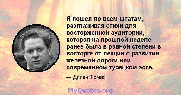 Я пошел по всем штатам, разглаживая стихи для восторженной аудитории, которая на прошлой неделе ранее была в равной степени в восторге от лекций о развитии железной дороги или современном турецком эссе.