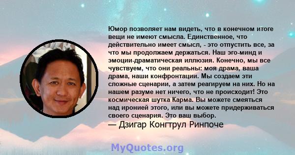 Юмор позволяет нам видеть, что в конечном итоге вещи не имеют смысла. Единственное, что действительно имеет смысл, - это отпустить все, за что мы продолжаем держаться. Наш эго-минд и эмоции-драматическая иллюзия.