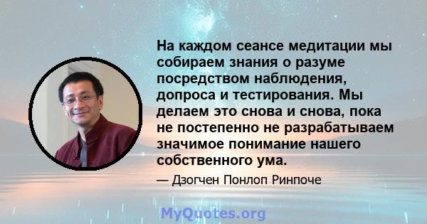 На каждом сеансе медитации мы собираем знания о разуме посредством наблюдения, допроса и тестирования. Мы делаем это снова и снова, пока не постепенно не разрабатываем значимое понимание нашего собственного ума.