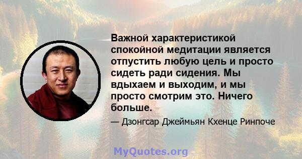 Важной характеристикой спокойной медитации является отпустить любую цель и просто сидеть ради сидения. Мы вдыхаем и выходим, и мы просто смотрим это. Ничего больше.