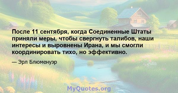 После 11 сентября, когда Соединенные Штаты приняли меры, чтобы свергнуть талибов, наши интересы и выровнены Ирана, и мы смогли координировать тихо, но эффективно.