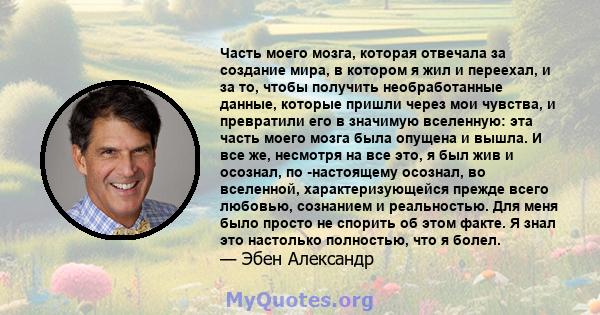 Часть моего мозга, которая отвечала за создание мира, в котором я жил и переехал, и за то, чтобы получить необработанные данные, которые пришли через мои чувства, и превратили его в значимую вселенную: эта часть моего