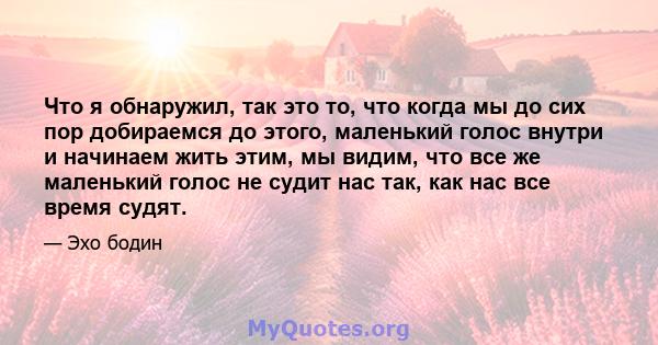 Что я обнаружил, так это то, что когда мы до сих пор добираемся до этого, маленький голос внутри и начинаем жить этим, мы видим, что все же маленький голос не судит нас так, как нас все время судят.