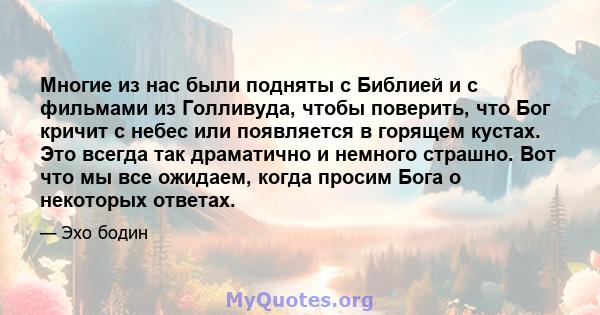 Многие из нас были подняты с Библией и с фильмами из Голливуда, чтобы поверить, что Бог кричит с небес или появляется в горящем кустах. Это всегда так драматично и немного страшно. Вот что мы все ожидаем, когда просим