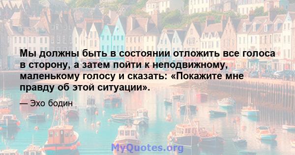 Мы должны быть в состоянии отложить все голоса в сторону, а затем пойти к неподвижному, маленькому голосу и сказать: «Покажите мне правду об этой ситуации».