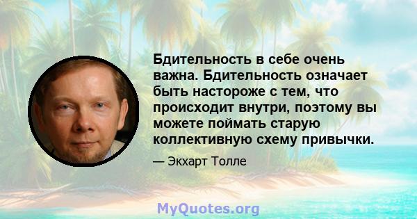 Бдительность в себе очень важна. Бдительность означает быть настороже с тем, что происходит внутри, поэтому вы можете поймать старую коллективную схему привычки.