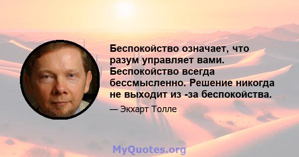 Беспокойство означает, что разум управляет вами. Беспокойство всегда бессмысленно. Решение никогда не выходит из -за беспокойства.