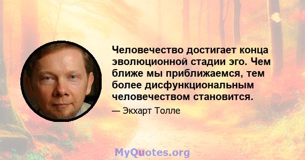 Человечество достигает конца эволюционной стадии эго. Чем ближе мы приближаемся, тем более дисфункциональным человечеством становится.