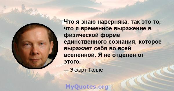 Что я знаю наверняка, так это то, что я временное выражение в физической форме единственного сознания, которое выражает себя во всей вселенной. Я не отделен от этого.