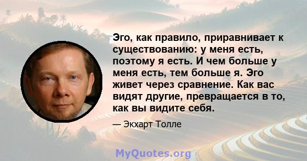 Эго, как правило, приравнивает к существованию: у меня есть, поэтому я есть. И чем больше у меня есть, тем больше я. Эго живет через сравнение. Как вас видят другие, превращается в то, как вы видите себя.