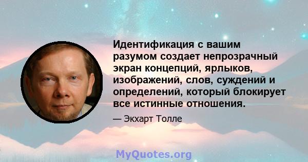 Идентификация с вашим разумом создает непрозрачный экран концепций, ярлыков, изображений, слов, суждений и определений, который блокирует все истинные отношения.