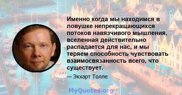 Именно когда мы находимся в ловушке непрекращающихся потоков навязчивого мышления, вселенная действительно распадается для нас, и мы теряем способность чувствовать взаимосвязанность всего, что существует.