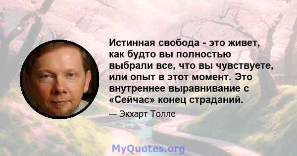 Истинная свобода - это живет, как будто вы полностью выбрали все, что вы чувствуете, или опыт в этот момент. Это внутреннее выравнивание с «Сейчас» конец страданий.