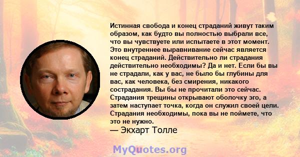 Истинная свобода и конец страданий живут таким образом, как будто вы полностью выбрали все, что вы чувствуете или испытаете в этот момент. Это внутреннее выравнивание сейчас является конец страданий. Действительно ли