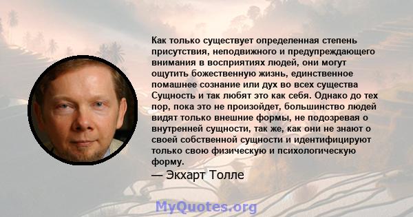 Как только существует определенная степень присутствия, неподвижного и предупреждающего внимания в восприятиях людей, они могут ощутить божественную жизнь, единственное помашнее сознание или дух во всех существа