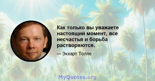 Как только вы уважаете настоящий момент, все несчастья и борьба растворяются.