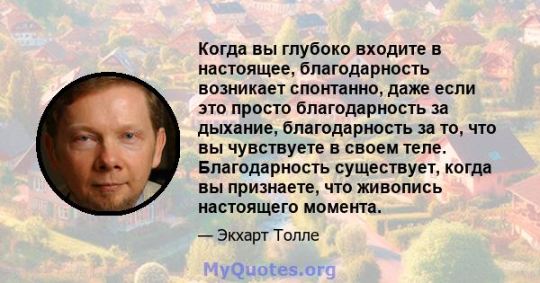 Когда вы глубоко входите в настоящее, благодарность возникает спонтанно, даже если это просто благодарность за дыхание, благодарность за то, что вы чувствуете в своем теле. Благодарность существует, когда вы признаете,