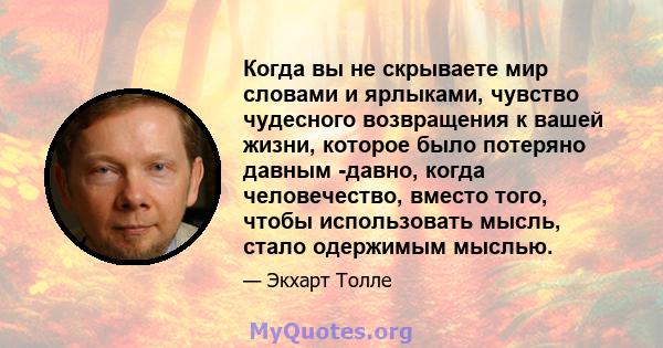 Когда вы не скрываете мир словами и ярлыками, чувство чудесного возвращения к вашей жизни, которое было потеряно давным -давно, когда человечество, вместо того, чтобы использовать мысль, стало одержимым мыслью.