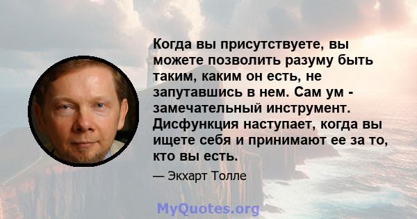 Когда вы присутствуете, вы можете позволить разуму быть таким, каким он есть, не запутавшись в нем. Сам ум - замечательный инструмент. Дисфункция наступает, когда вы ищете себя и принимают ее за то, кто вы есть.