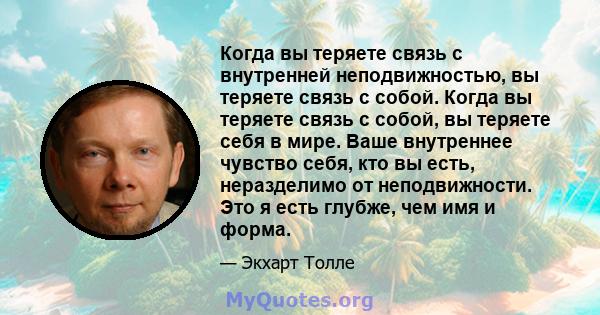 Когда вы теряете связь с внутренней неподвижностью, вы теряете связь с собой. Когда вы теряете связь с собой, вы теряете себя в мире. Ваше внутреннее чувство себя, кто вы есть, неразделимо от неподвижности. Это я есть