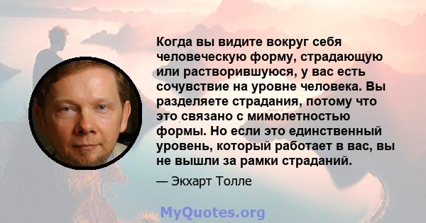 Когда вы видите вокруг себя человеческую форму, страдающую или растворившуюся, у вас есть сочувствие на уровне человека. Вы разделяете страдания, потому что это связано с мимолетностью формы. Но если это единственный