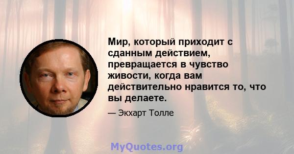 Мир, который приходит с сданным действием, превращается в чувство живости, когда вам действительно нравится то, что вы делаете.