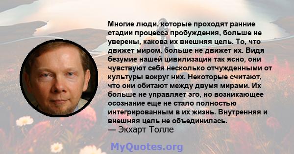 Многие люди, которые проходят ранние стадии процесса пробуждения, больше не уверены, какова их внешняя цель. То, что движет миром, больше не движет их. Видя безумие нашей цивилизации так ясно, они чувствуют себя