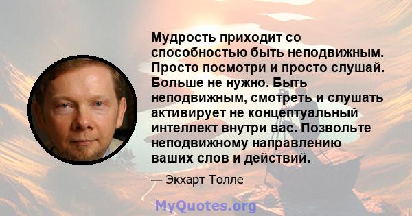 Мудрость приходит со способностью быть неподвижным. Просто посмотри и просто слушай. Больше не нужно. Быть неподвижным, смотреть и слушать активирует не концептуальный интеллект внутри вас. Позвольте неподвижному