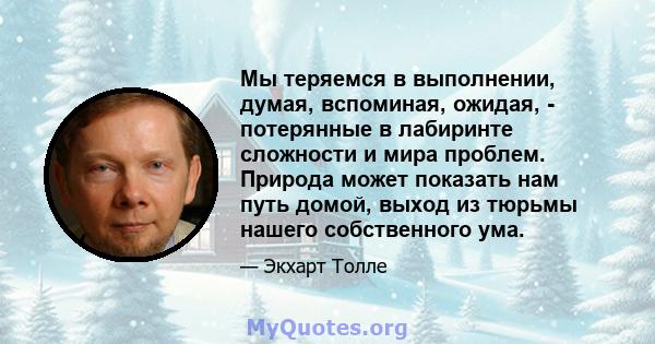 Мы теряемся в выполнении, думая, вспоминая, ожидая, - потерянные в лабиринте сложности и мира проблем. Природа может показать нам путь домой, выход из тюрьмы нашего собственного ума.