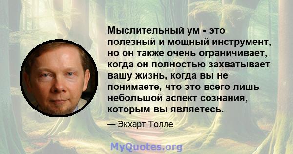 Мыслительный ум - это полезный и мощный инструмент, но он также очень ограничивает, когда он полностью захватывает вашу жизнь, когда вы не понимаете, что это всего лишь небольшой аспект сознания, которым вы являетесь.