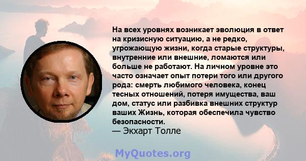 На всех уровнях возникает эволюция в ответ на кризисную ситуацию, а не редко, угрожающую жизни, когда старые структуры, внутренние или внешние, ломаются или больше не работают. На личном уровне это часто означает опыт