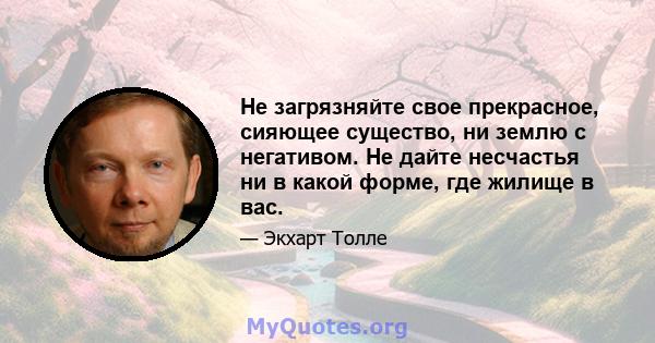 Не загрязняйте свое прекрасное, сияющее существо, ни землю с негативом. Не дайте несчастья ни в какой форме, где жилище в вас.