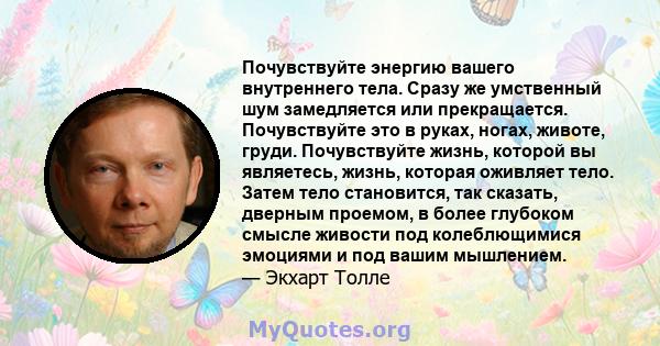 Почувствуйте энергию вашего внутреннего тела. Сразу же умственный шум замедляется или прекращается. Почувствуйте это в руках, ногах, животе, груди. Почувствуйте жизнь, которой вы являетесь, жизнь, которая оживляет тело. 