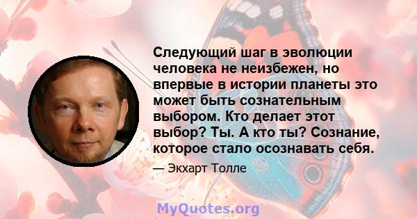 Следующий шаг в эволюции человека не неизбежен, но впервые в истории планеты это может быть сознательным выбором. Кто делает этот выбор? Ты. А кто ты? Сознание, которое стало осознавать себя.