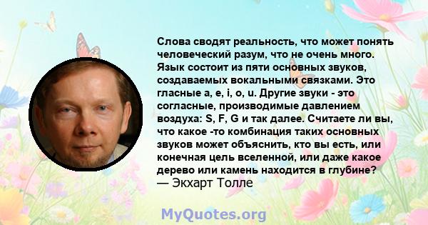 Слова сводят реальность, что может понять человеческий разум, что не очень много. Язык состоит из пяти основных звуков, создаваемых вокальными связками. Это гласные a, e, i, o, u. Другие звуки - это согласные,