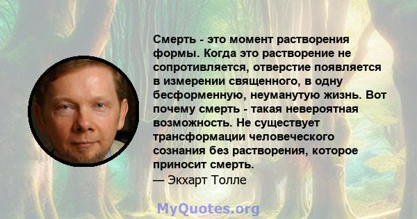 Смерть - это момент растворения формы. Когда это растворение не сопротивляется, отверстие появляется в измерении священного, в одну бесформенную, неуманутую жизнь. Вот почему смерть - такая невероятная возможность. Не