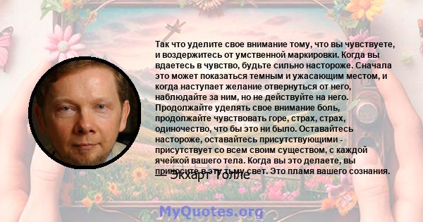 Так что уделите свое внимание тому, что вы чувствуете, и воздержитесь от умственной маркировки. Когда вы вдаетесь в чувство, будьте сильно настороже. Сначала это может показаться темным и ужасающим местом, и когда